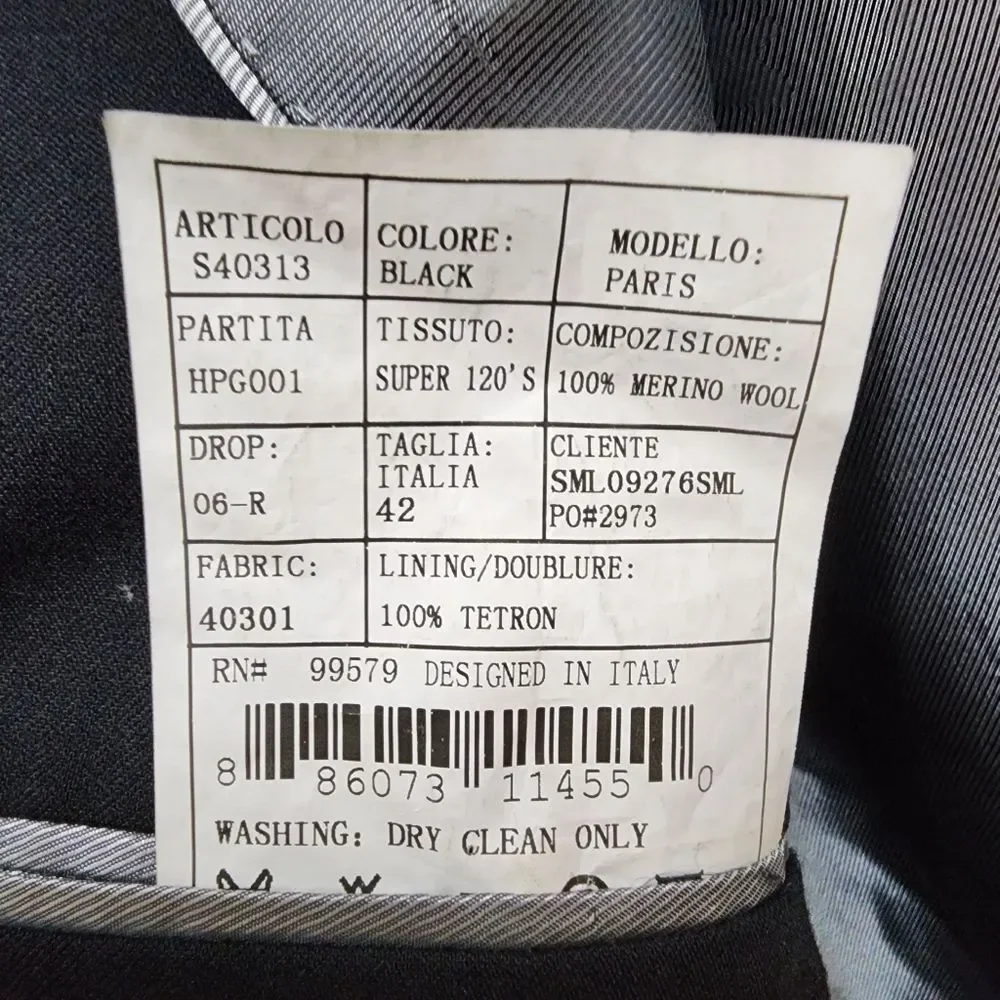 Montefino Uomo Blazer Mens 42R Black Merino Wool Super 120s Office Preppy Italy